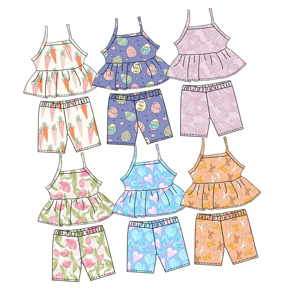 Easter new girl series suspender shorts rabbit carrot flower print girl suit boutique children's suit