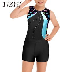 Body da ballo per balletto stampato senza maniche per bambina con pantaloncini Dancewear Set per il Costume da spettacolo di pattinaggio di ginnastica