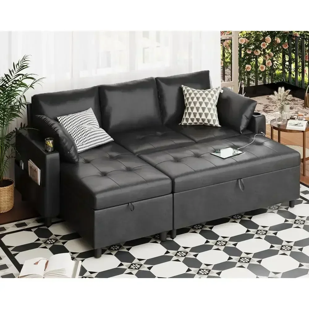 80'' Sleeper Sofa with Pullout Bed, Storage Chaise, USB & Cup Holders, L-Shaped Convertible Couch, Black Leather Living Room Fur