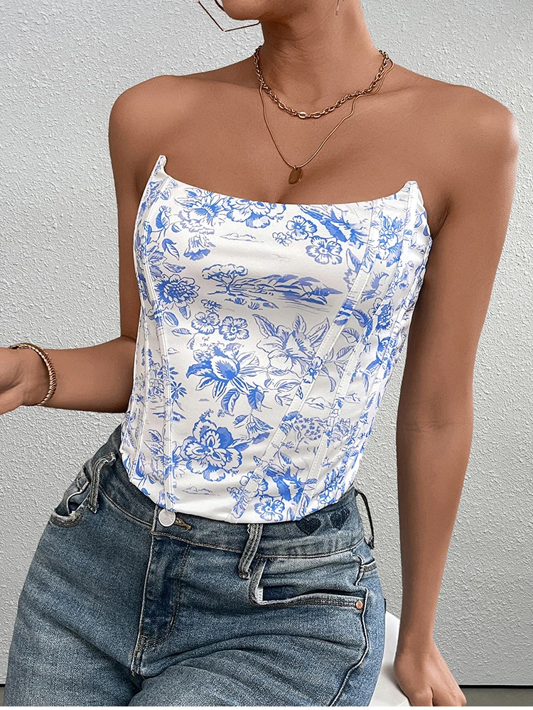 NewAsia Women's Strapless Lace Up Print Crop Corset Top Off Shoulder Fishbone Fashion Party Club Bustier Tops Summer Clothing