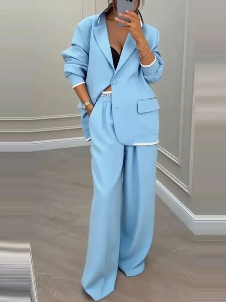 

Women's Solid Suit Set Autumn Winter Long-sleeved Lapel Button Blazer & Wide Leg Pants Two-piece Sets Temperament Casual Outfit
