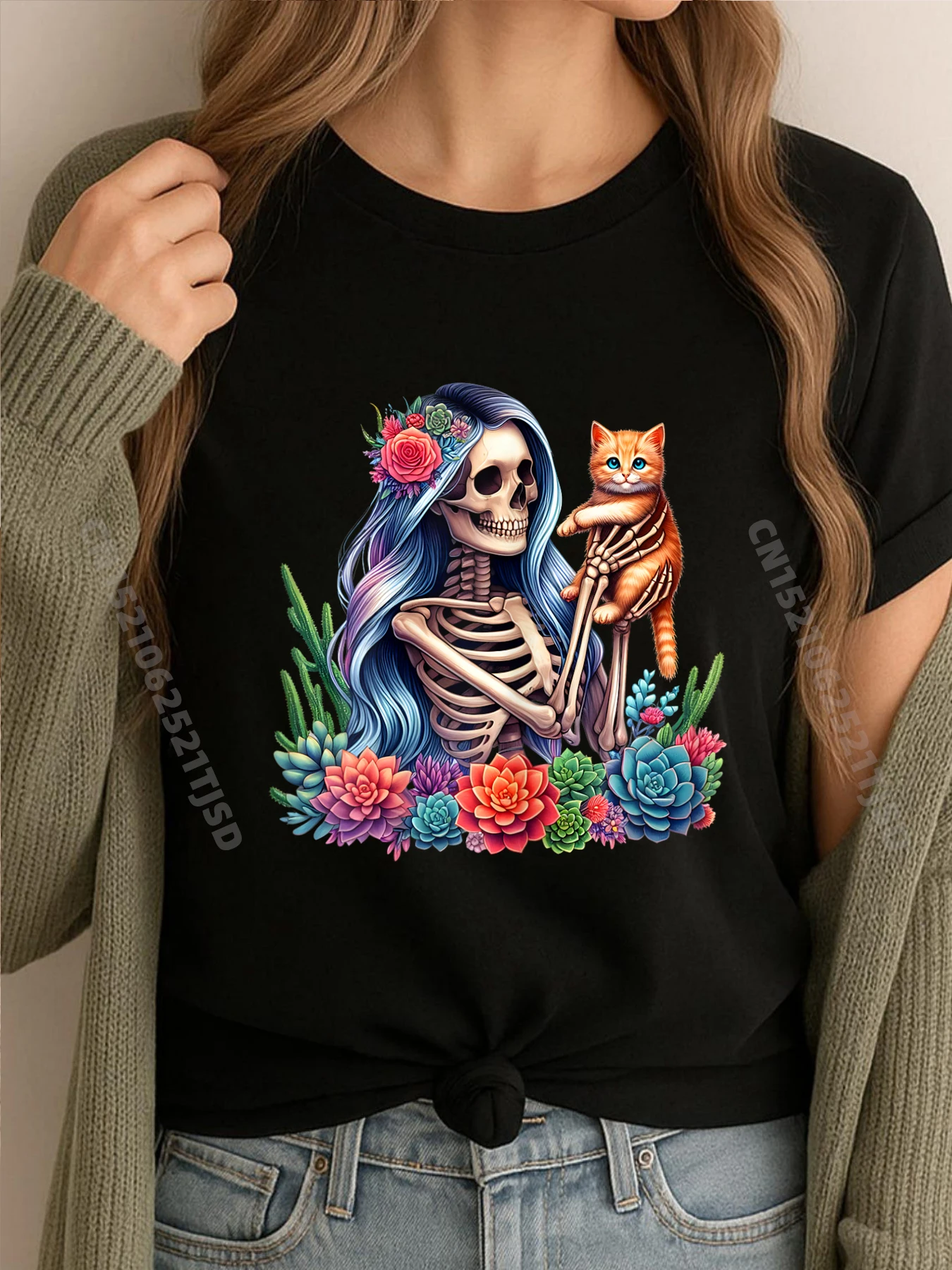 

Женский скелет, котенок, кошка, любитель суккулентов, Хэллоуин, черная рубашка, футболки с графическим рисунком, винтажные футболки на День Святого Валентина