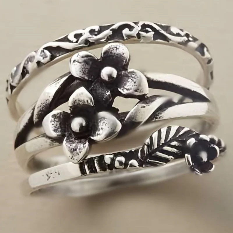 Vintage Hand Carved Geometry Flower Women's Ring Silvery Color Metal Daily Wear Party Jewelry Anniversary Gift