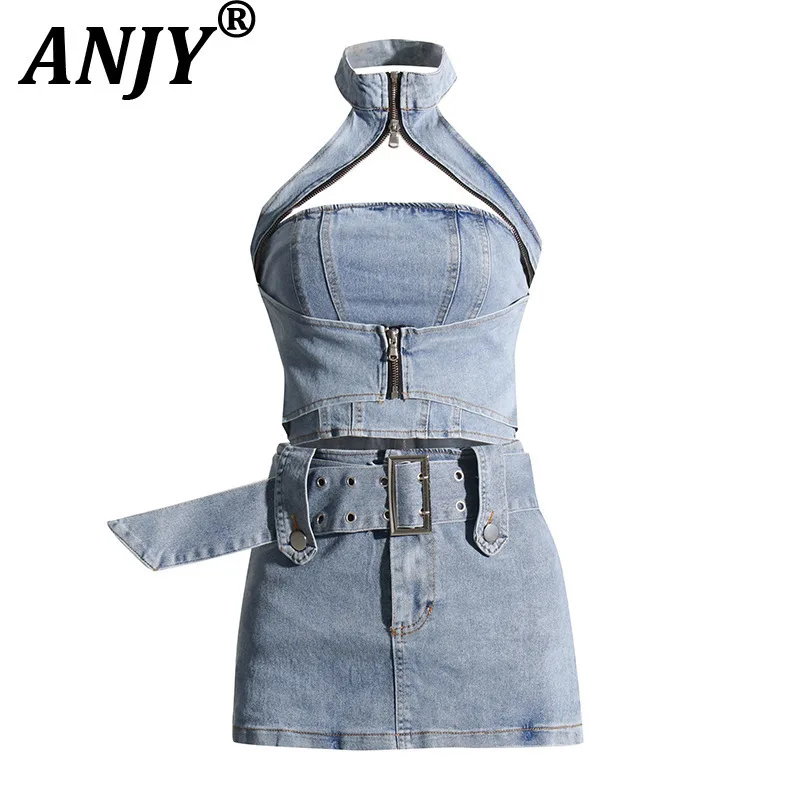

ANJY Summer New Women Chic High Street Sexy Hot Halter Neck Off-Shoulder Short Denim Vest Bodycon Mini Skirt Two-Piece Set A7183