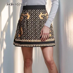 TWOTWINSTYLE Temperament Colorblock Printing Mini Skirt For Women High Waist Patchwork Pearls Elegant A Line Skirts Female New