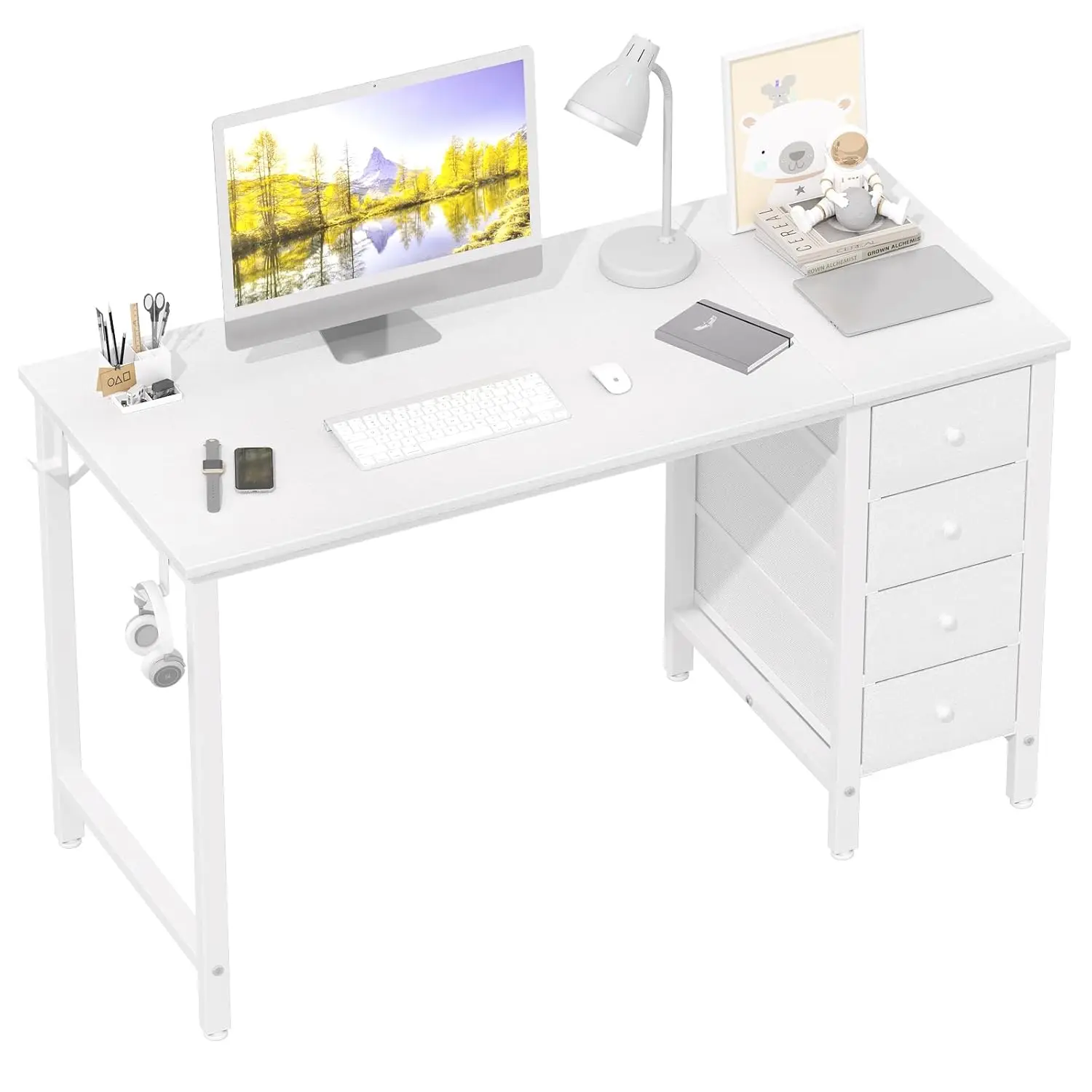 

White Computer Desk 47in Reversible Writing Study Table with Fabric Drawer for Home Office Bedroom, Customized