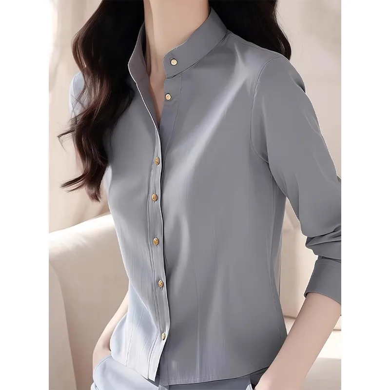 Elegant Female Blouse Gray Long Sleeve Shirt for Women Spring Collection 2025 Beautiful Girl Blouses