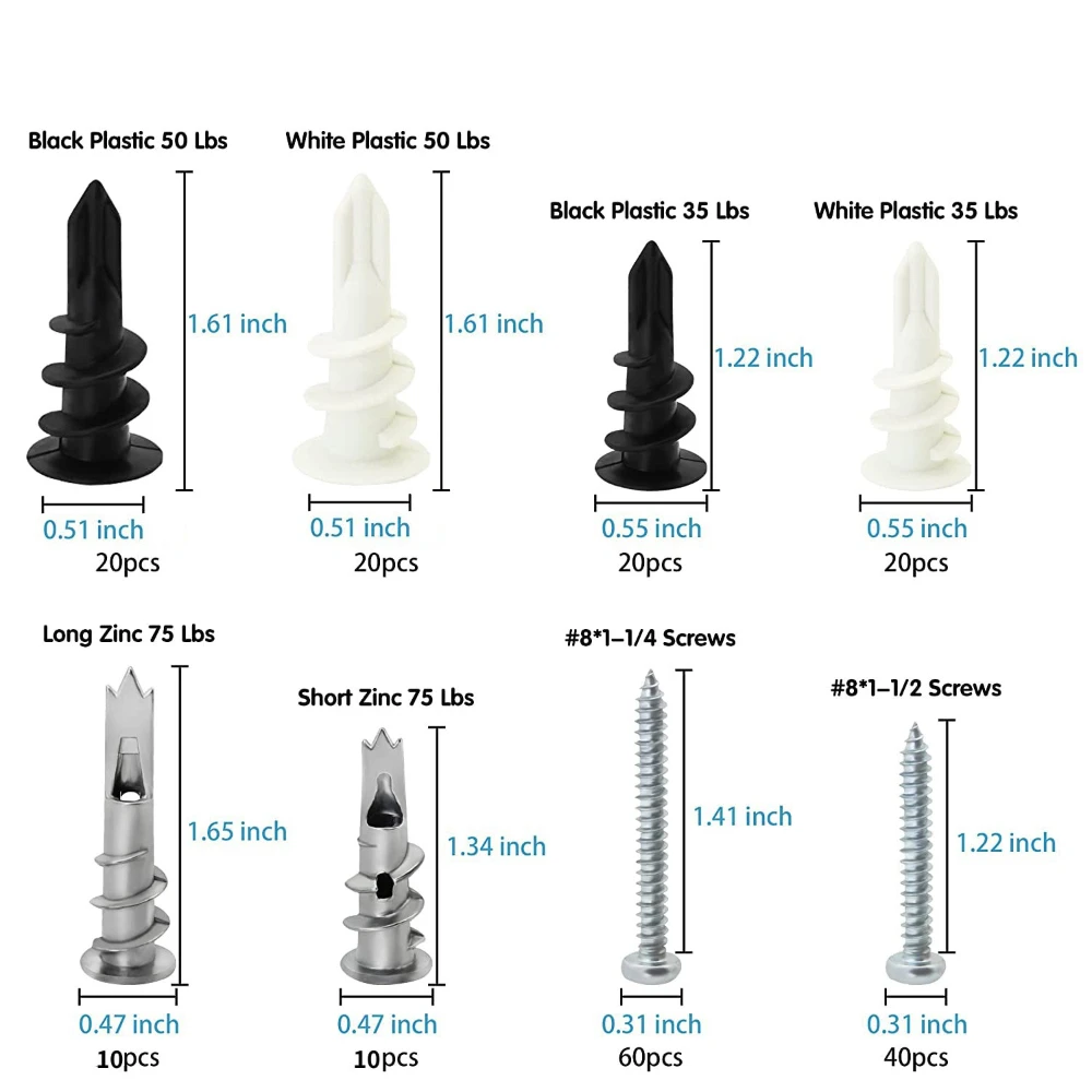 

200Pcs Drywall Anchor Screws Self Tapping Flat Head Screws with Ribbed Wall Plug Anchors Plastic Gypsum Board Expansion Anchors