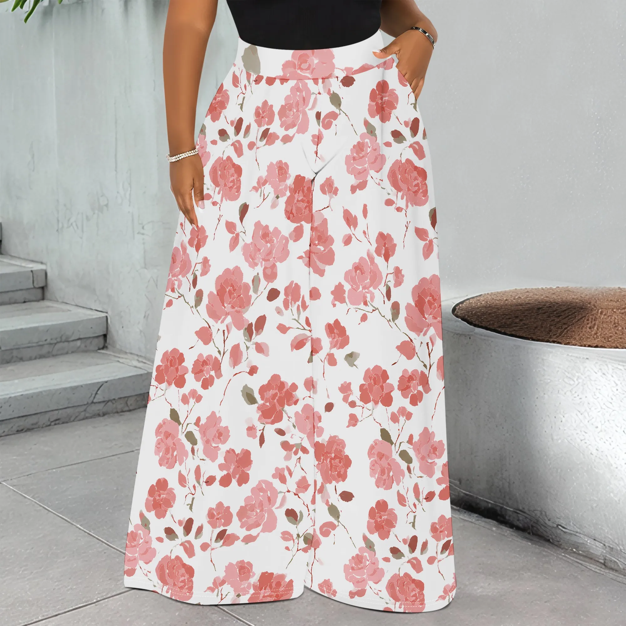 

Floral Print Wide Leg Pants, Pink Rose Pattern Trousers, High Waist Pocket Design, Casual Beach Wear for Women, S-2XL