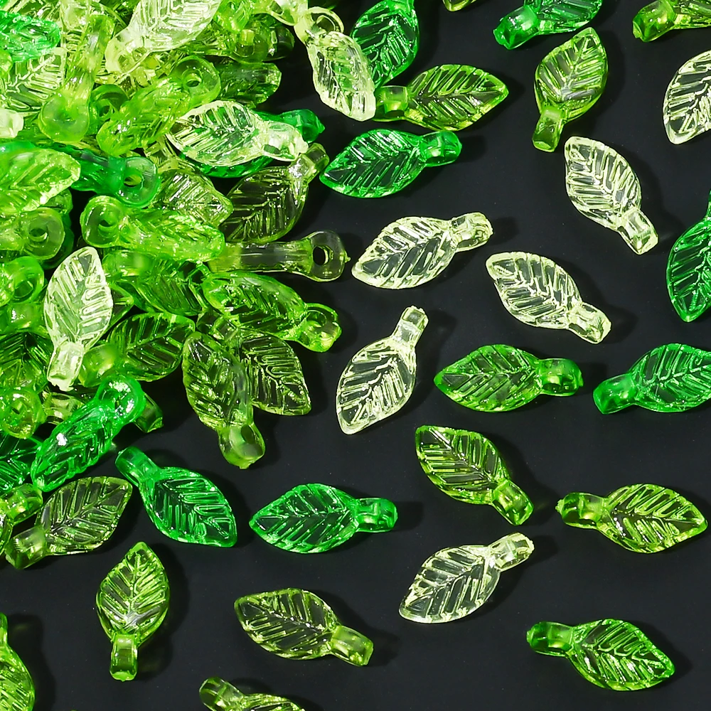 500 Stück grüne transparente Harz-Blattperlen, lose Acryl-Pflanzenblatt-Abstandshalter für die Schmuckherstellung, DIY-Halskette, Armband, Ohrringe – Detail 5