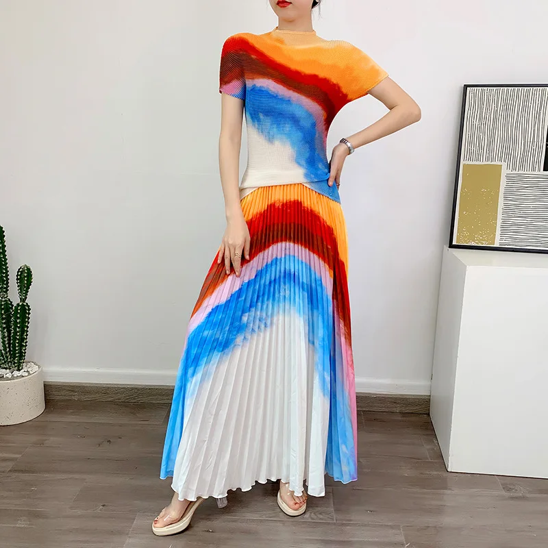 2023 Summer Pleated Set Printed Handmade Pleated Short Sleeve Top+A-Line Pleated Half-length Dress Two Piece Fashion Women Dress