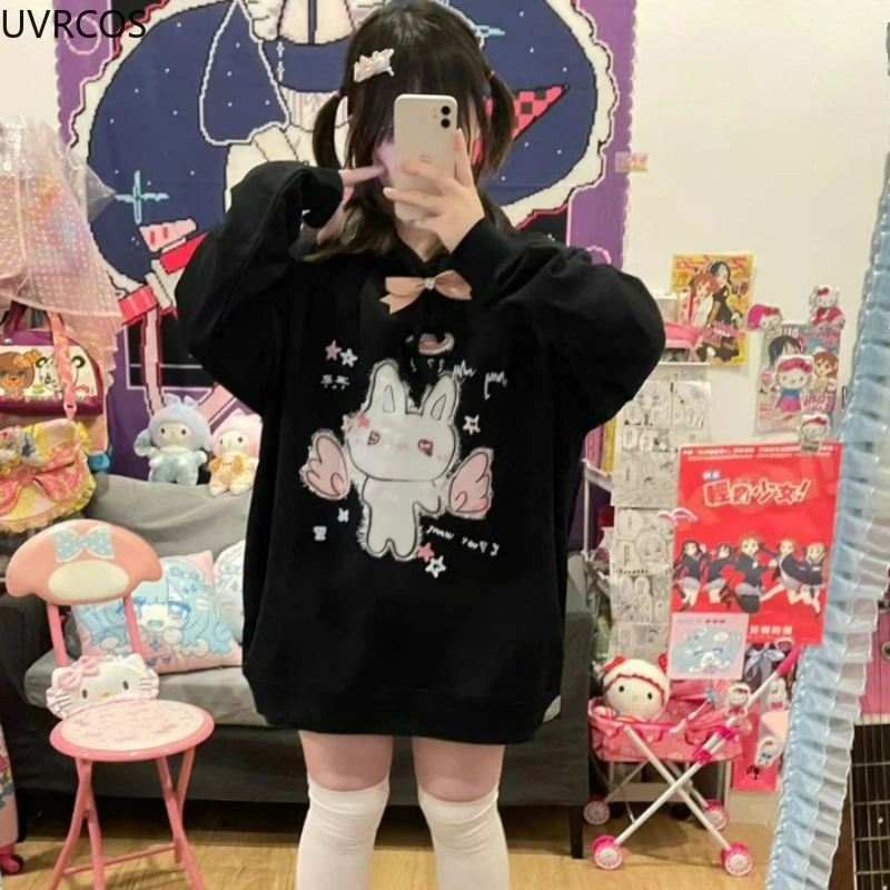 Y2k Aesthetic Cartoon Bunny Print Hoodies Harajuku Women Loose Black Drawstring Coat Gothic Grunge Pocket Streetwear Sweatshirts