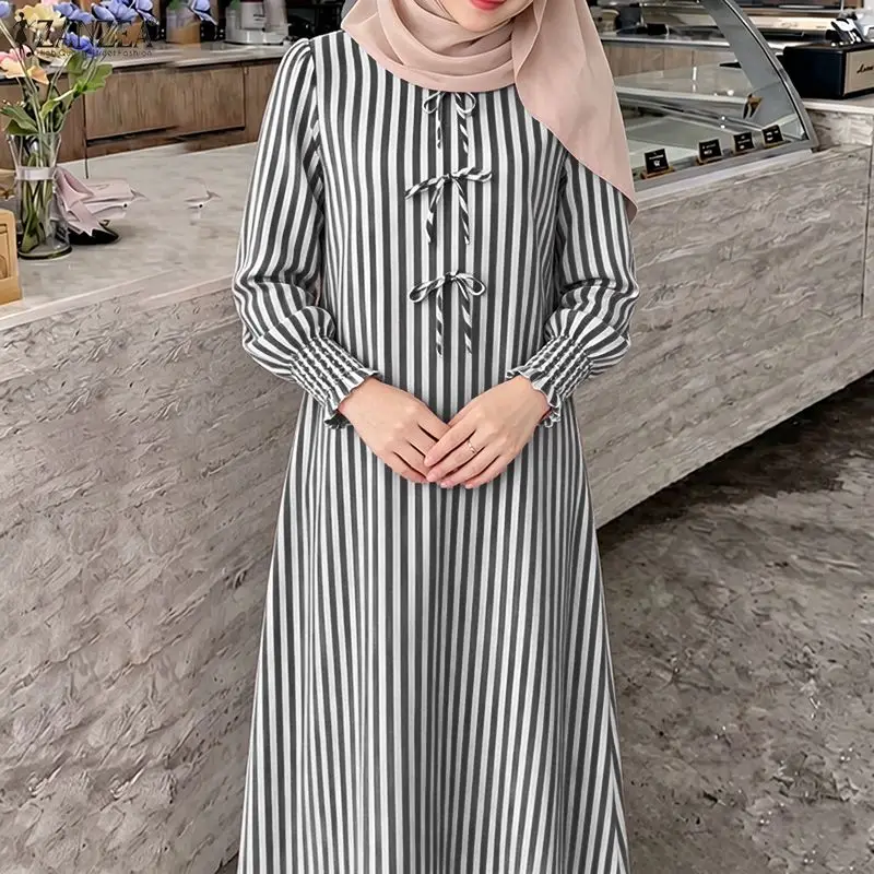 

Muslim Hiajb Dresses ZANZEA Ramadan Abaya Robe Elegant Women O Neck Long Sleeve Striped Sundress Casual Kaftan IsIamic Clothing