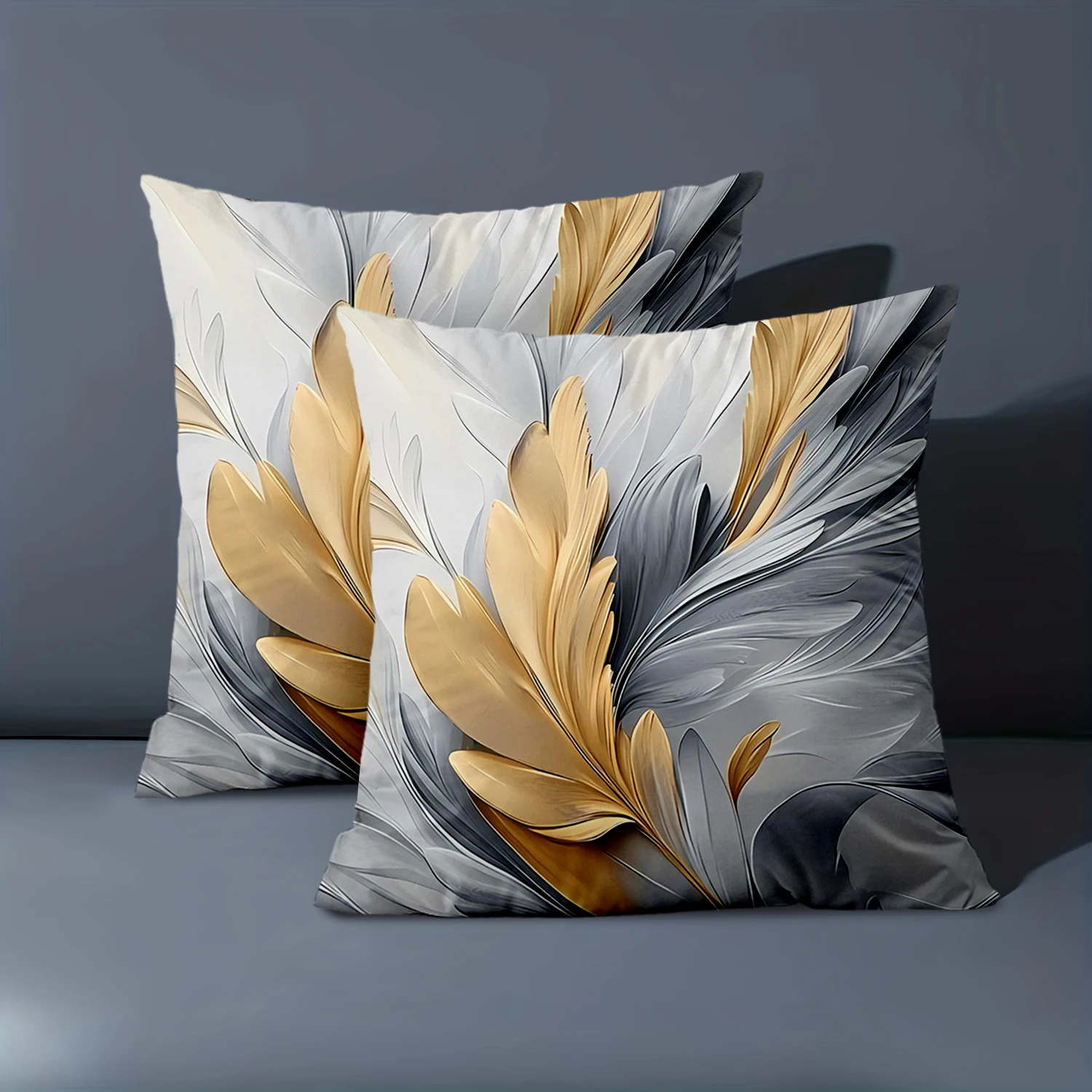 1 Pieces - 2D flat printing Gold and Gray Feather Pattern Decorative Cushions Polyester pillowcase, sofa decorative cushion cov
