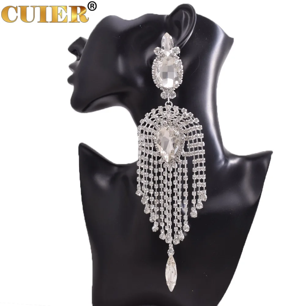 CuiEr Dazzling 22cm Length Long Tassel Big Drop Earrings for Women Clip Fashion Jewelry for Drag Queen Beauty Pageant Wedding