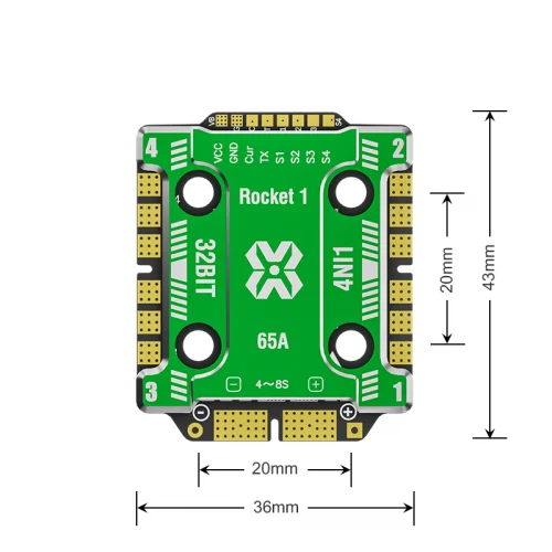 Aocoda-RC 2065 AM32 32Bit 65A 4-IN-1 ESC 4-8S 20X20MM Integrated Ammeter DSHOT150/300/600/1200/MultiShotOneShot/PWM
