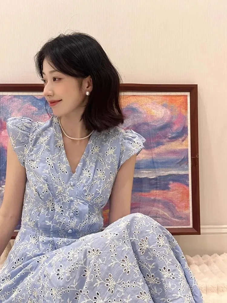 Floral Print V-Ne Dr Women's Summer New Gentle Sle Fly Sve Waist Cinching Slimming Long Dr French Sle Embroidery