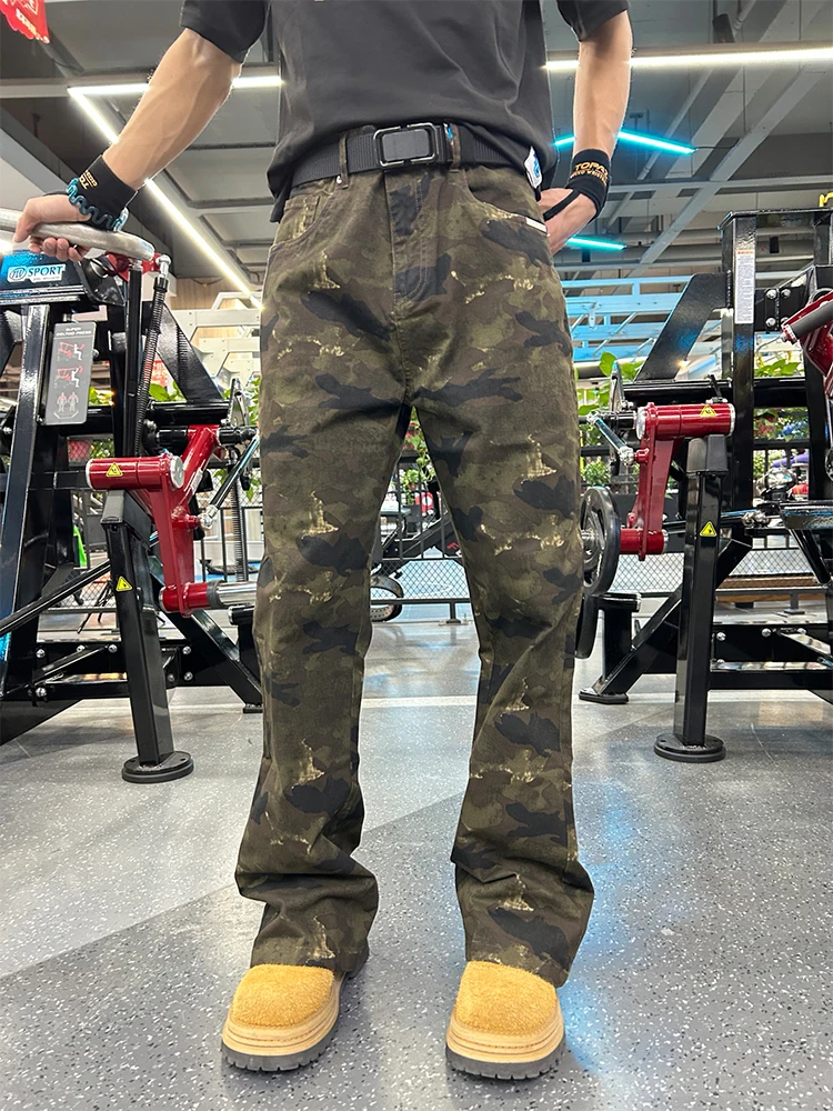 

Американские уличные камуфляжные спортивные джинсы Thiened Fitn на подкладке, расклешенные брюки для рабочей одежды для мужчин, повседневная одежда