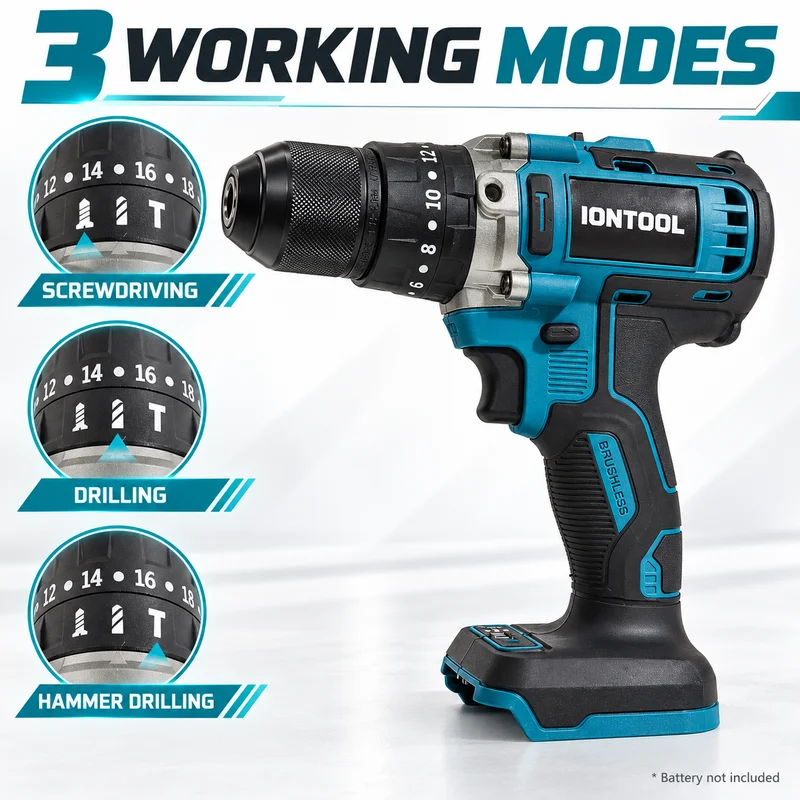 IONTOOL 18V Brushless Cordless Hammer Drill 70Nm 13mm Chuck 2 Speed 0-2000RPM 34000BPM Power Tool for Home DIY Repair