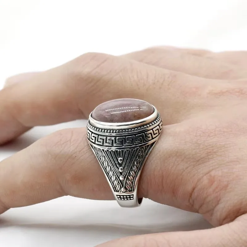 Türkiye S925 فضة الرجال خاتم العقيق الهندي الطبيعي حجر خمر مجوهرات بسيطة المرأة خاتم فاخر هدية للذكرى السنوية