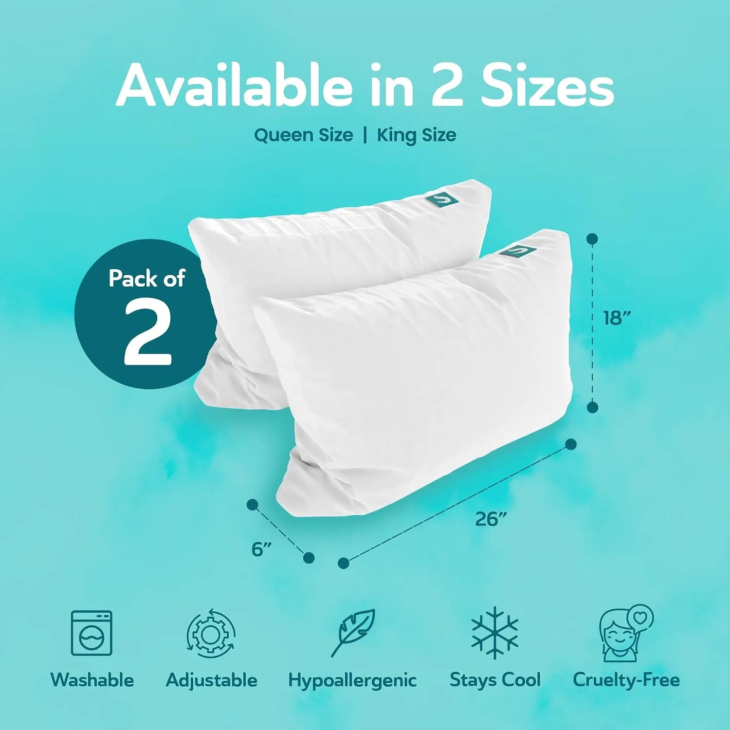 2 Pack Cooling Bed Pillows and Removable Cover, Queen Size | Adjustable and Washable Bedding Pillow Set for Comfortable Sleep
