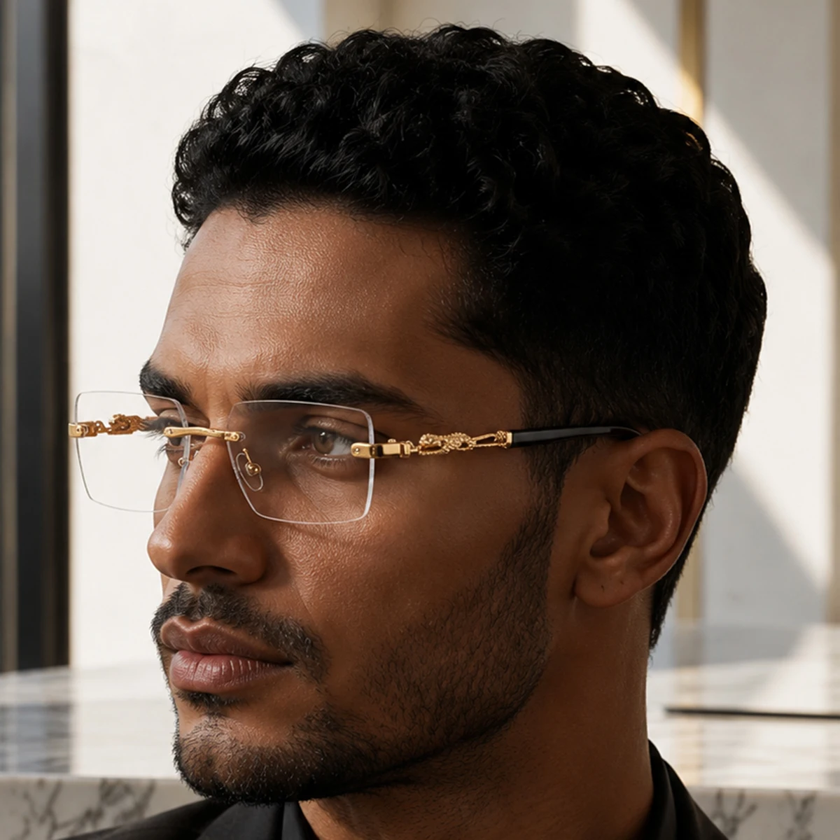 Men'S Fashion Non Prescription Glasses - 1組の、フレームのない、金色の木目模様が施された、長方形の、度なしの男性用メガネ。エレガントで、スタイリッシュ、洗練されており、高級感があり、きちんとしていて、クールで、おしゃれな男性用メガネ。デートや外出、パーティーなど、さまざまなシーンで着用するのに適しています。