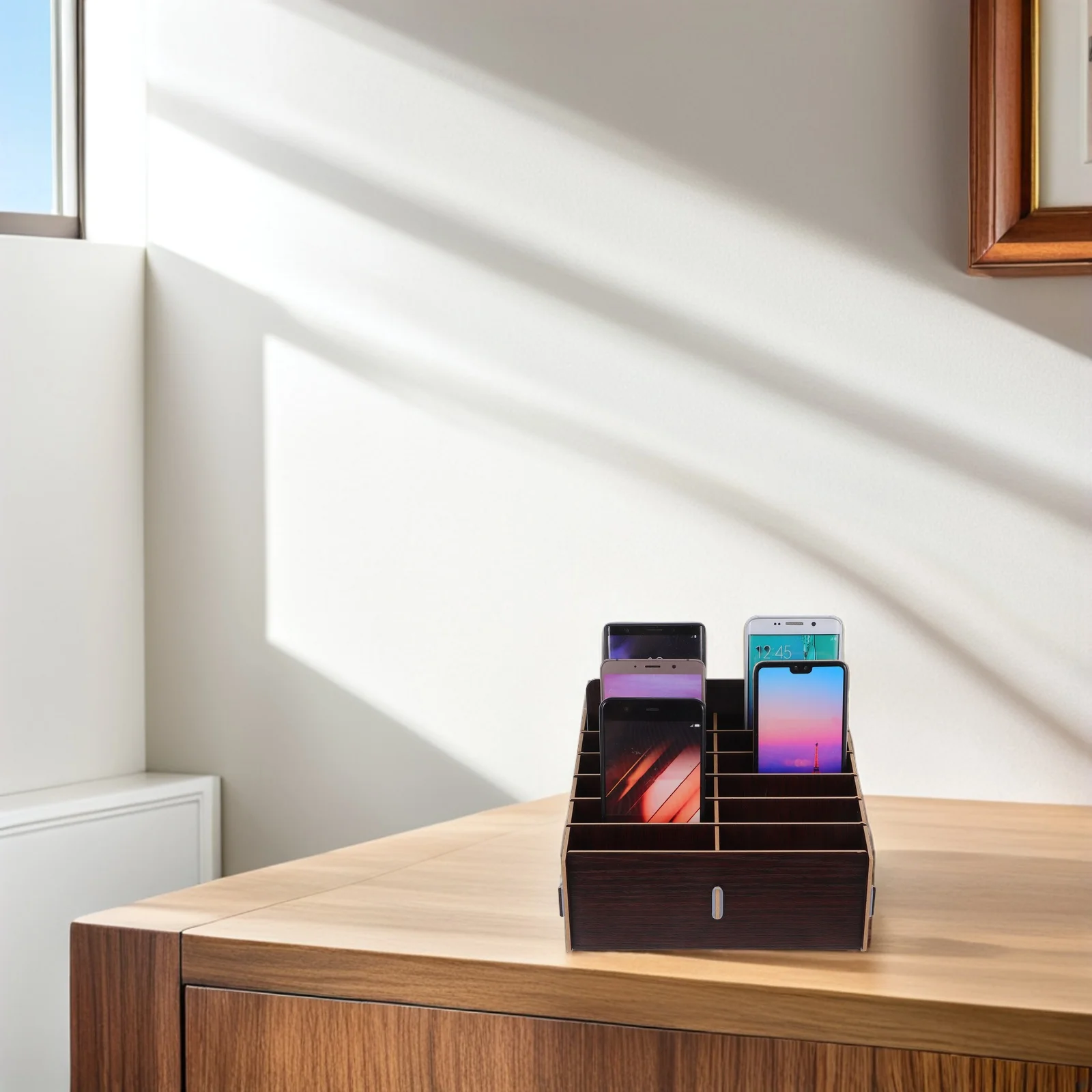 12-مقصورة خشبية صندوق تخزين الهاتف منظم سطح المكتب حامل الهاتف المحمول حامل لمكتب مكتب المنزل أجزاء الهاتف المحمول العرض