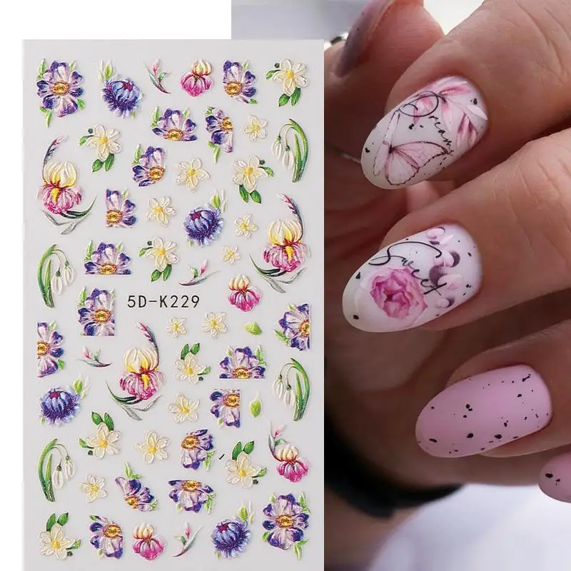 5D Spring Summer Flowers Nail Stickers Mimosa DIY Design Floral Leaf Self-adhesive Nail Decals Sliders Manicure Decor Accessorie