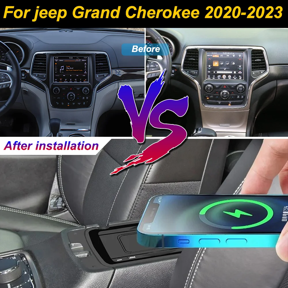 Carregador sem fio para celular, para Jeep Grand Cherokee 2020-2023, com compartimento de armazenamento no console central, 18W, carregamento rápido p