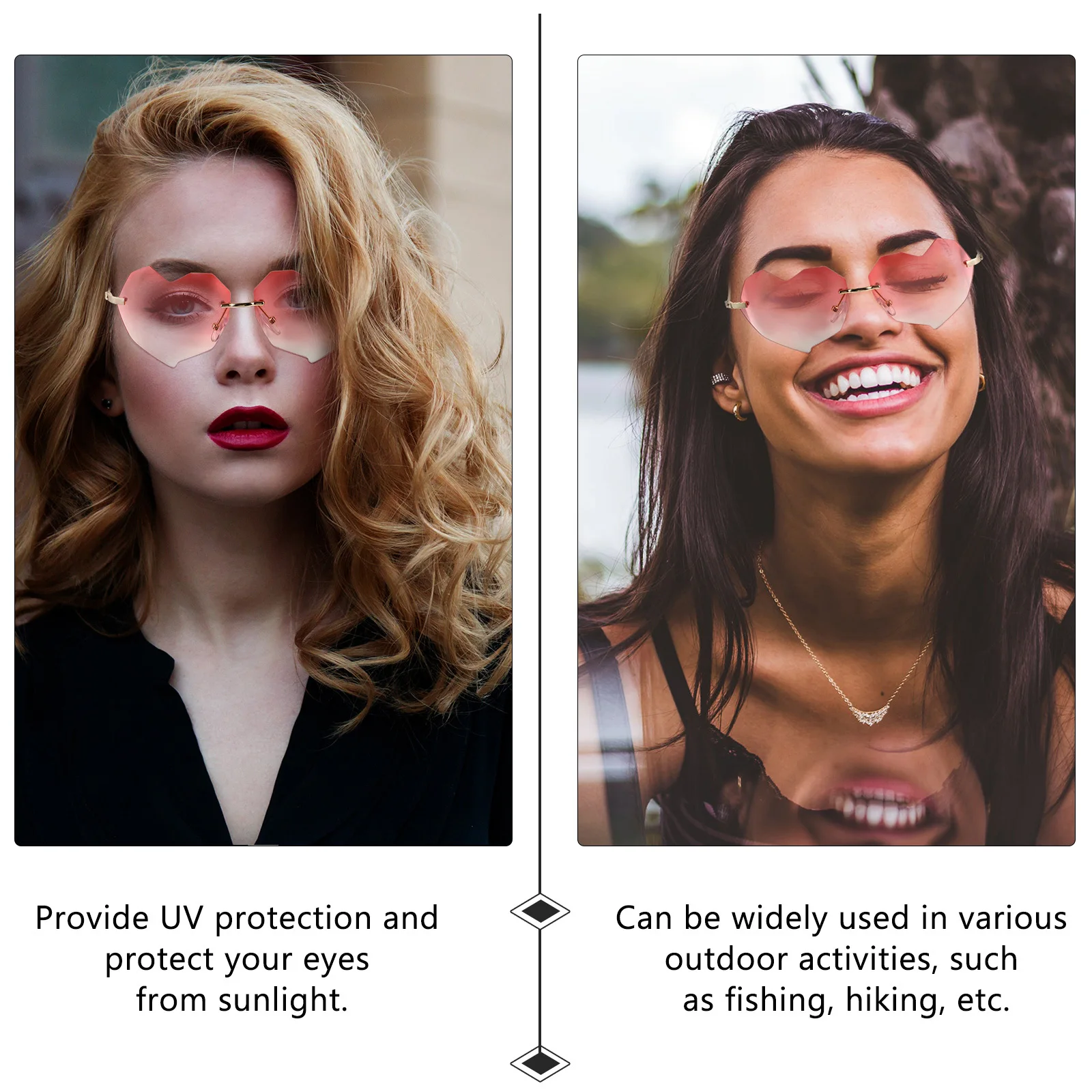 

Female Heart Sunglasses Rimless Uv Protection Durable Curved Legs Lightweight Party Traveling Photo Props Fashion Eyewear