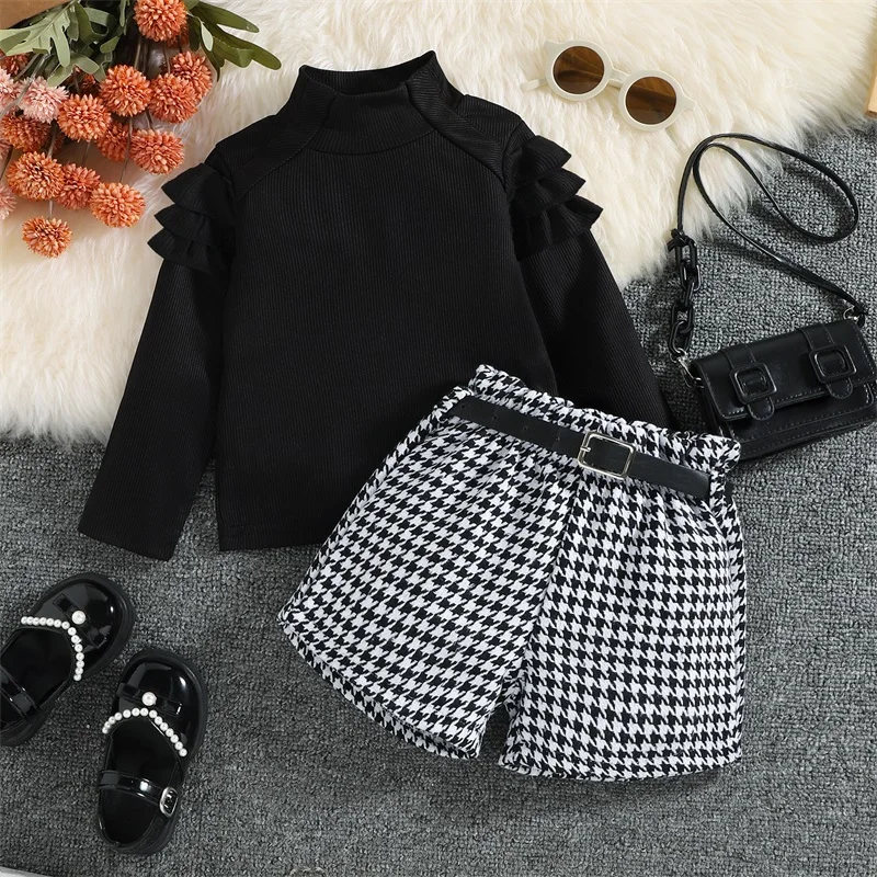 Toddler Girl Autumn Clothes Set Ruffled Long Sleeve High Neck Ribbed Pullover Houndstooth Print Shorts Belt