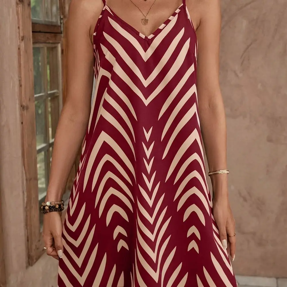 2025 Summer Fashion Striped Print Dress Sexy Spaghetti Strap Mini Sundress Casual Sleeveless V Neck Beach Holiday Outfit