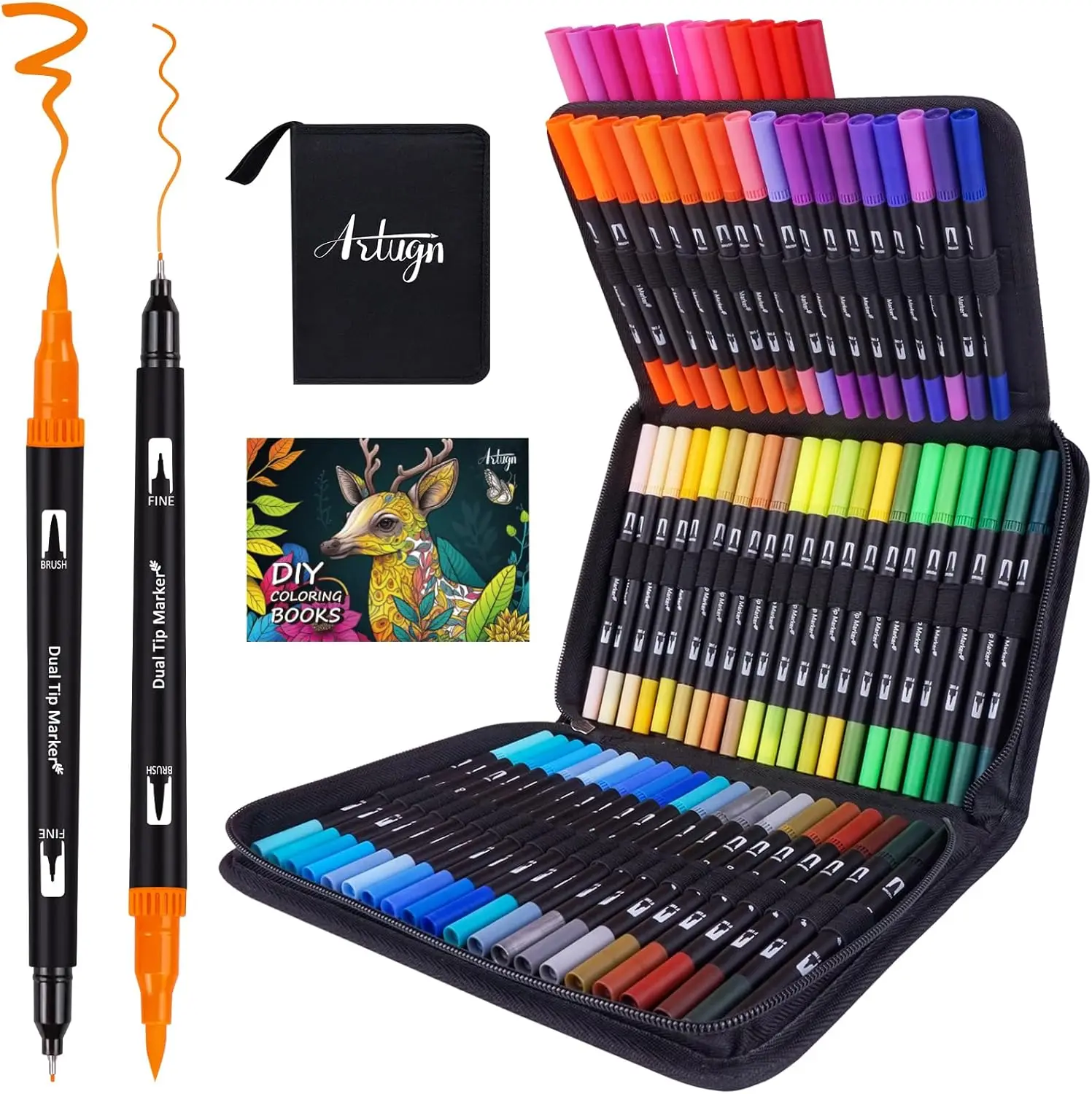 

72 Dual Tip Brush Markers for Adult Coloring Books, Art Marker Set with Fine & Brush Tip for Bullet Journaling, Drawing