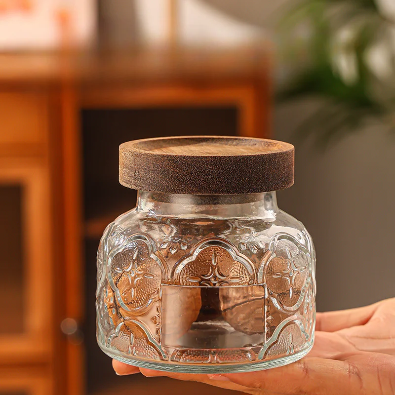 Vintage Flower Pattern Glass Storage Jar with Lid, Home Candy, Coffee Bean Storage Bottle, Kitchen Food Seasoning Sugar Jar