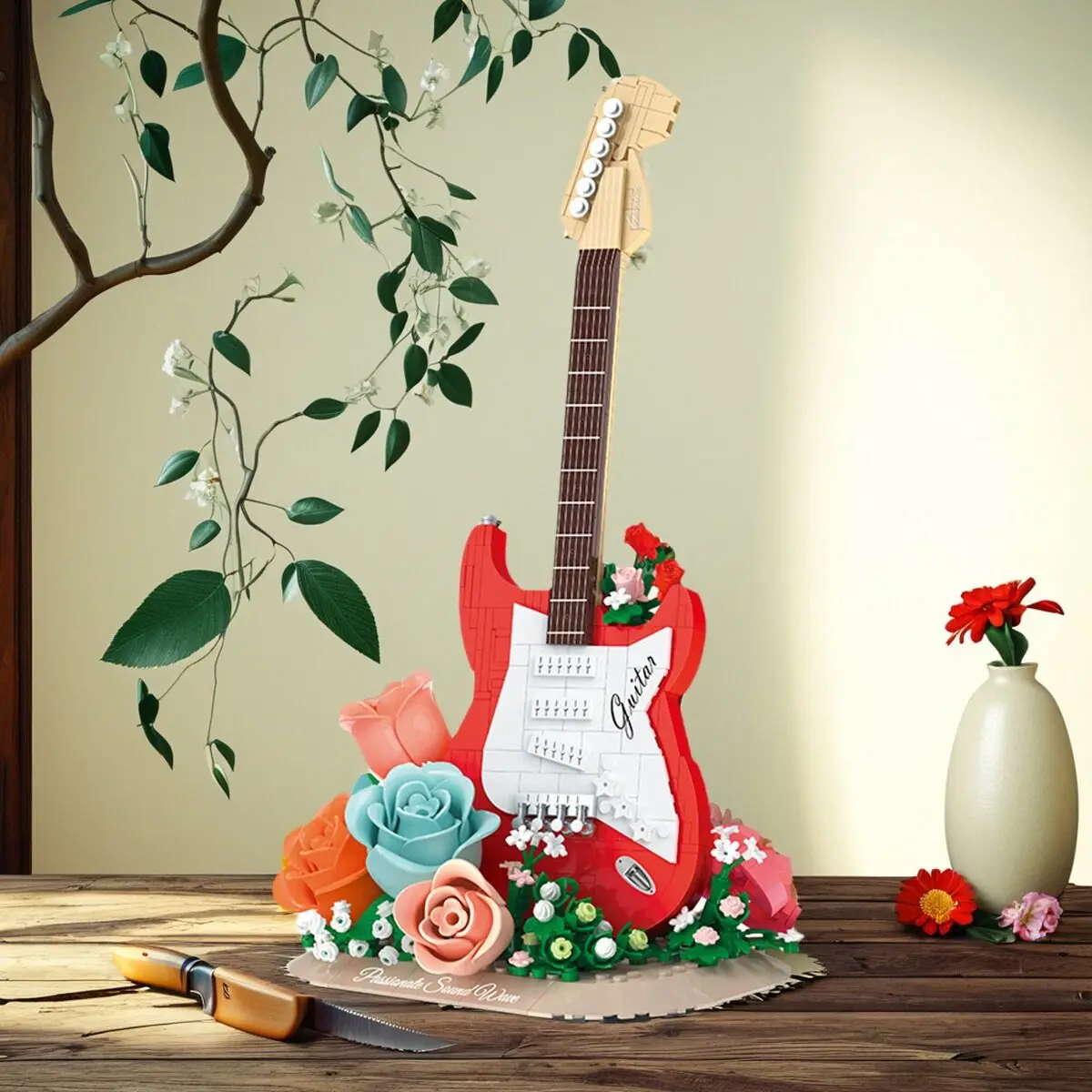Red Guitar Building Blocks Girl Series Small Particle Musical Instrument Assembly Ornament Valentine's Birthday Gift