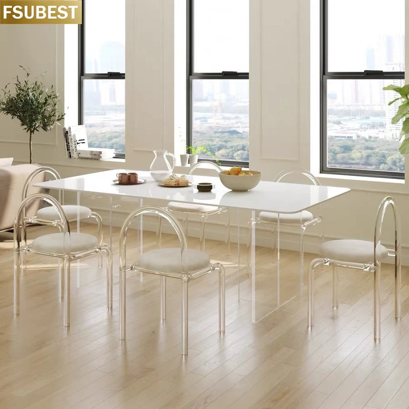 FSUBEST Ltalian Rock Slab Dining Table and Dinning Chairs Set Clear Acrylic Floating Frame Home Furniture Chaises Salle Manger