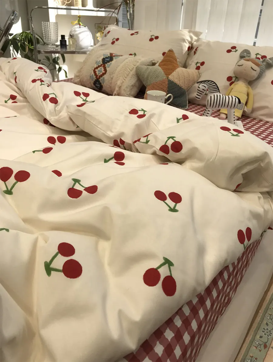 Cute sweet cherry red bedding set teen,single double cotton twin full queen king home textile flat sheet pillow case duvet cover