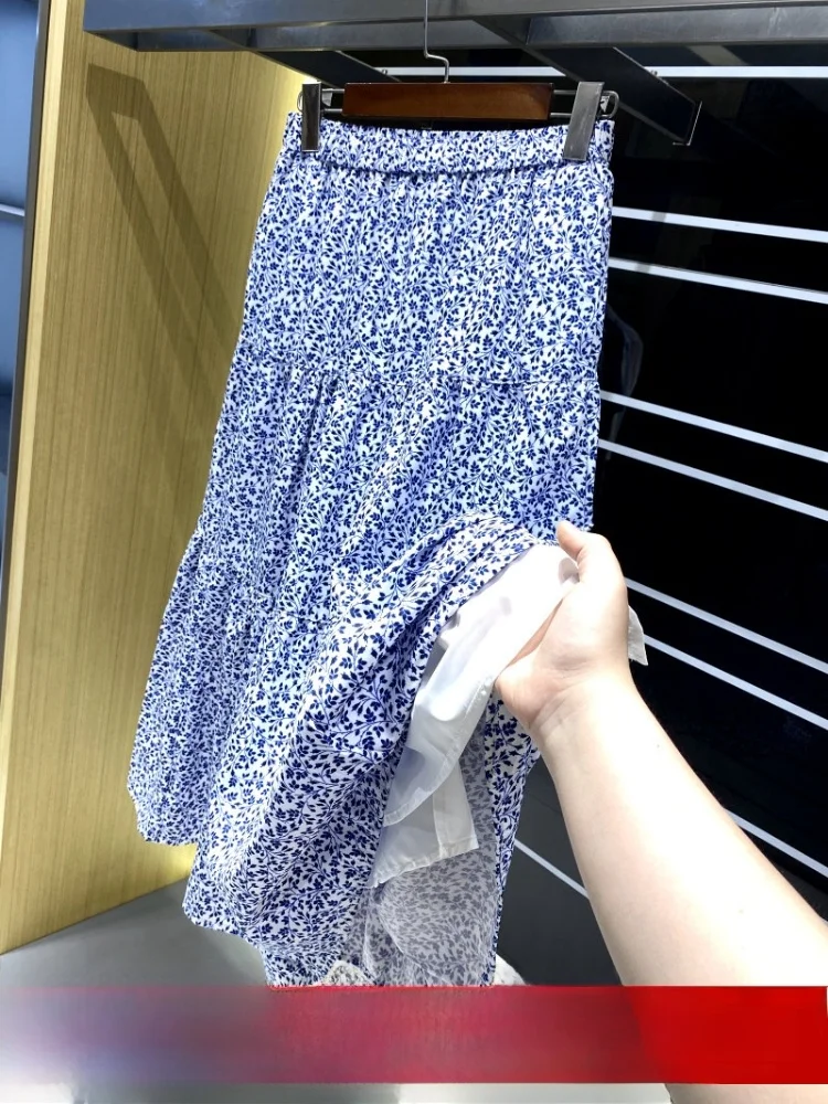 

Simple Style Floral A-Line Skirt Elastic Waist Fairy Women's Summer Fashionable Versatile Half-length Skirt Breathable Polyester