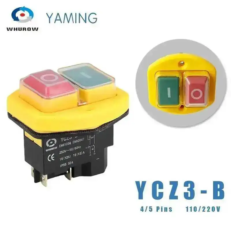Electromagnetic Switch 4/5 Pin 110V 220V ON-OFF Momentary Reset Push Button With Cover IP55 Waterproof YCZ3-C Replace KJD17