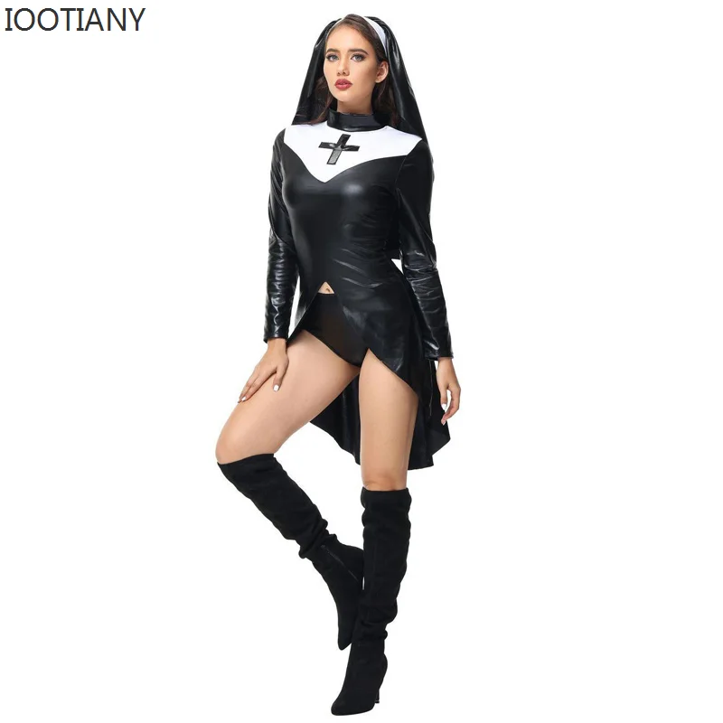 IOOTIANY Women Saintlike sedutess Costume ecopelle Pvc Wetlook Nun Costume Sexy Nurse Cosplay Stage Performance Costume