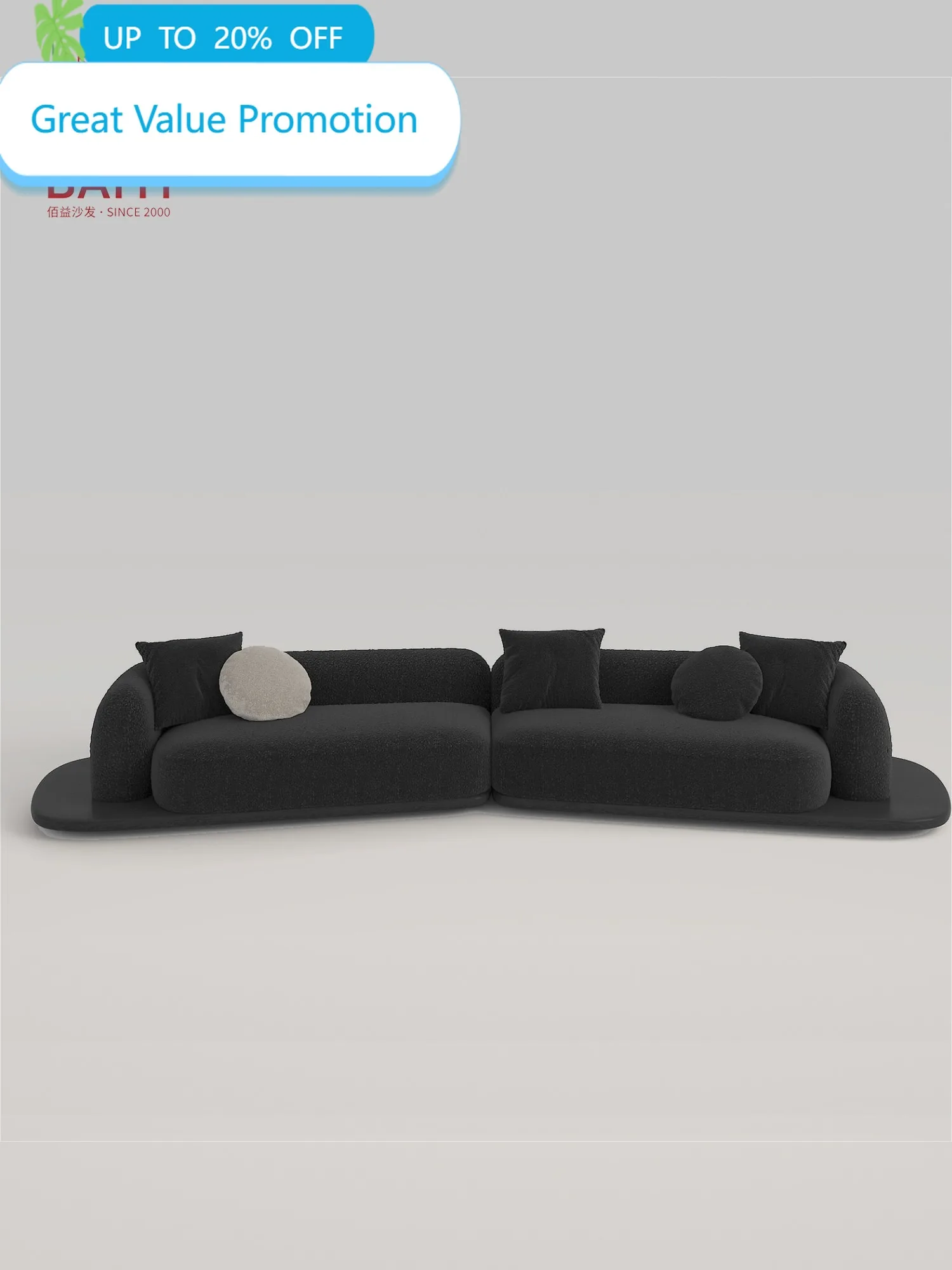 Black Boucle Curved Modular Sofa 2 Piece Angled Design Wooden Platform Base Cocoon Armrest For Living Room Villa Bedroom