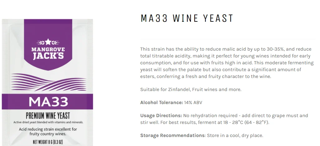 1pcs/8g MA33 Premium Wine Yeast Blended with Vitamins and Minerals Acid Reducing Strain Excellent for Fruity Country Filterr Bag