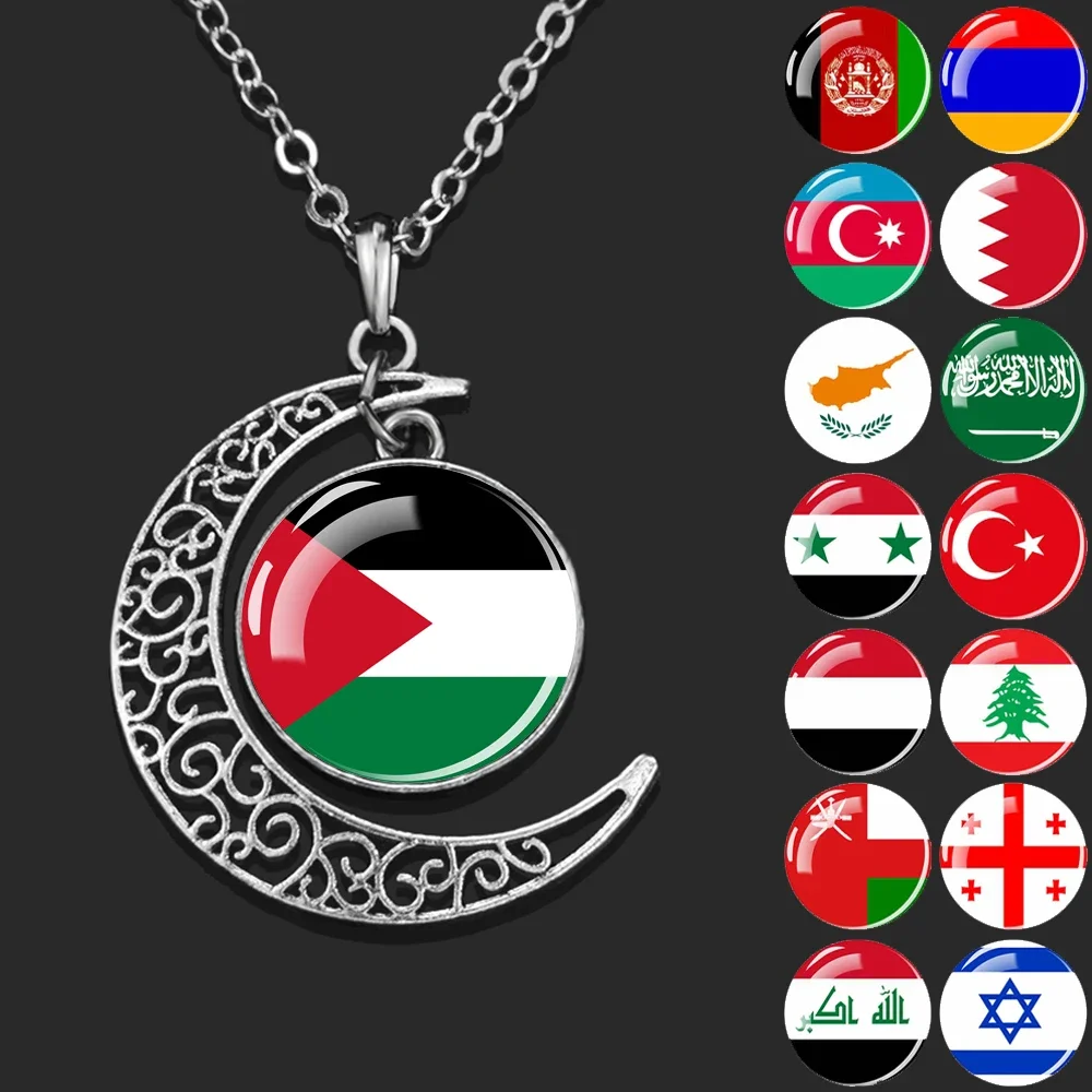 Countries Flag of West Asian Pendants Glass Cabochon Moon Crescent Pendant Necklace Men Women National Flag Fashion Jewelry Gift