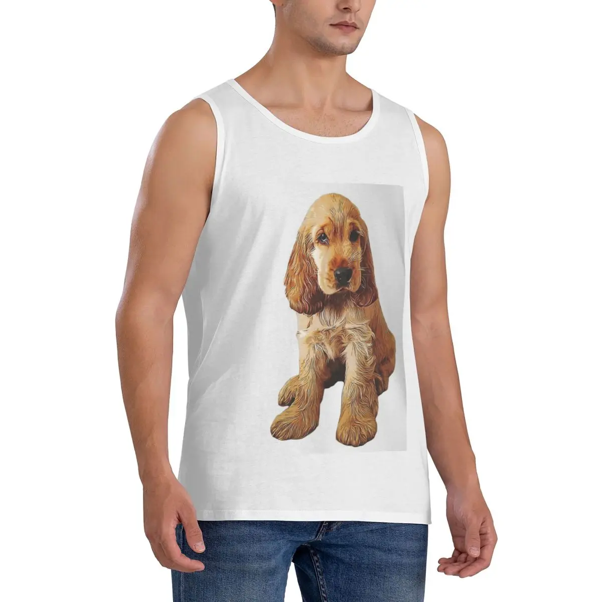 100% Cotton Gold Cocker Spaniel Puppy Dog Sleeveless T-Shirt Men Workout Sports Clothing Tops Men's Crew Neck Vest