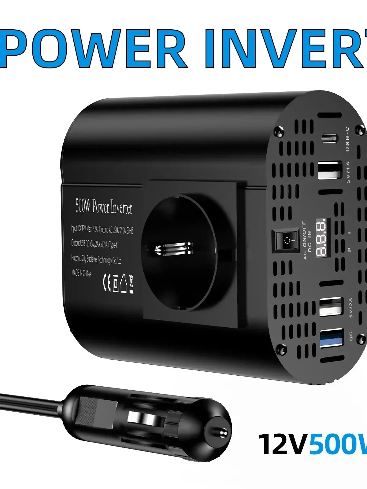 400 W/500 W/1500 W Auto-Wechselrichter DC 12 V auf AC 220 V Konverter, 3 USB 2.0 und 1 USB QC3.0 Steckdose nach europäischem Standard