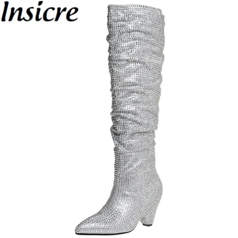 

Insicre Fashion 2022 Winter Shoes Fabric Crystal Cone Heel Pointed Toe Knee High Silver Catwalk Size 40 Street Bling