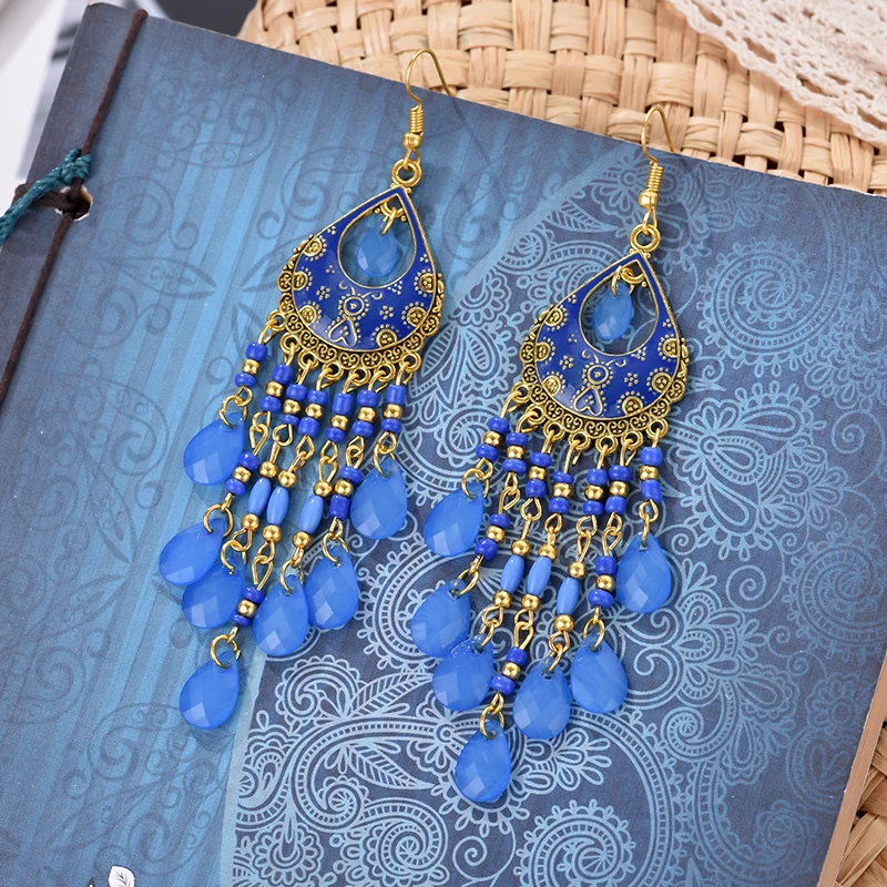 Ethnische Lange Acryl Wasser Tropfen Ohrringe für Frauen Retro Boho Gold Farbe Hohl Quaste Ohrringe Bijoux Femme Zubehör – Detail 24