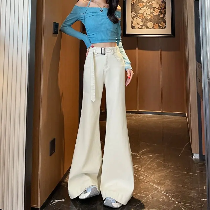 

Широкие джинсы-клеш из денима с поясом, свободные прямые хлопковые брюки для женщин, весенний сезон, простой дизайн, синий цвет