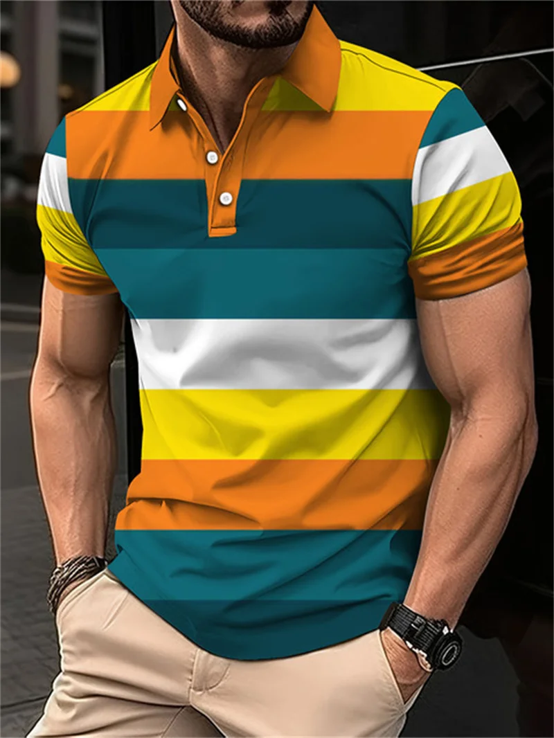 2026 Summer Men's Polo Shirt with Stripes Print Breathable Lightweight Casual Fashionable Outdoor Quick-Drying Men's Clothing