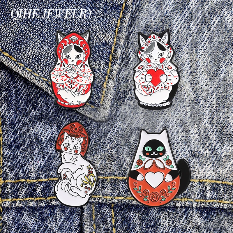 Russian Matryoshka Cat Badge Classic Russian Nesting Doll Cat Red Floral Headscarf Cat Enamel Pins Bag Lapel Brooch Jewelry Gift